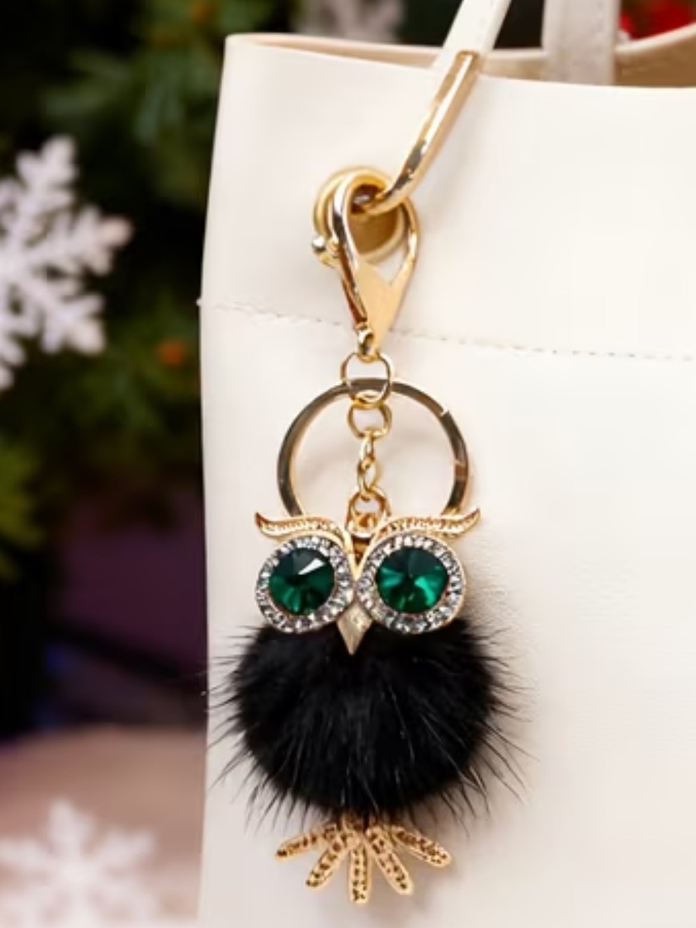 Gold Owl Pom Keychain bag charm with Black Fur and Emerald Eyes new